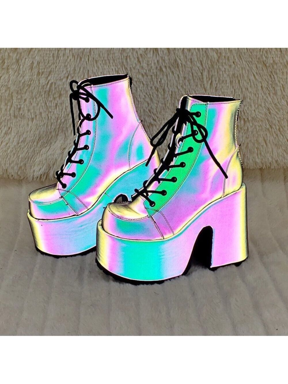 Camel Purple Green Reflective Rave Royalty Festival Platform Ankle Boots - Picture 13 of 15
